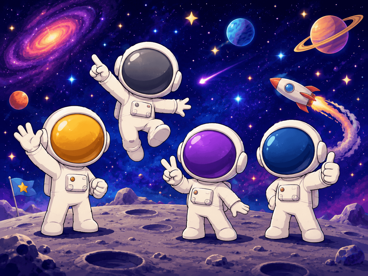 Astronaut crew waving from a moon base under a colorful galaxy